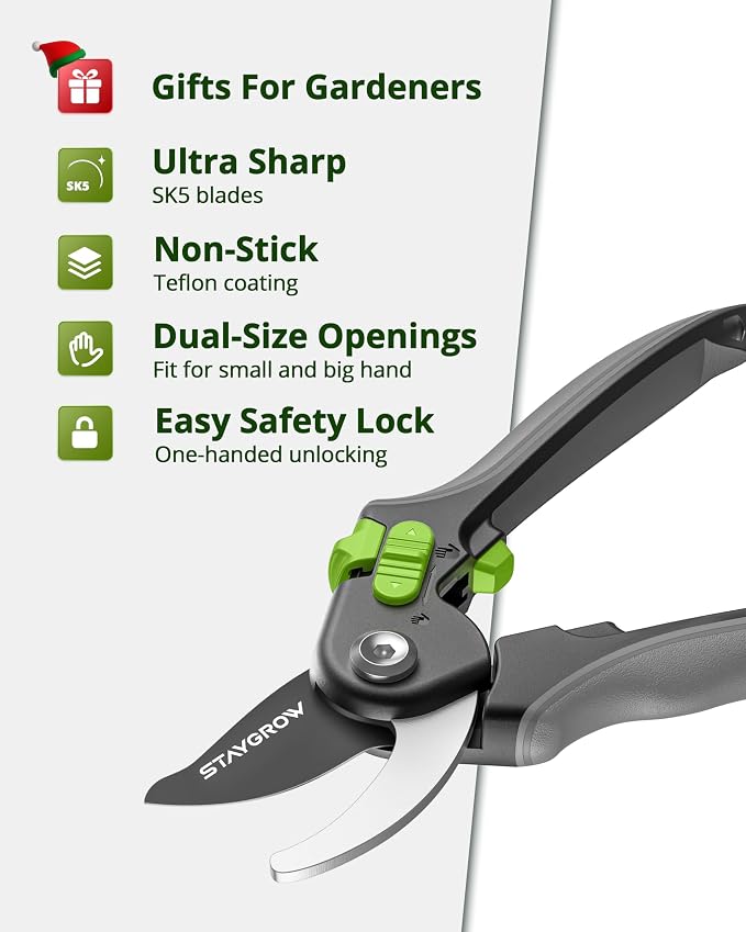 8.5" Pruning Shears for Gardening SK5 Sharp Garden Shears | Cuts 10000+ Times Staying Garden Scissors with One-handed Unlocking Adjustable Handle,Clippers Gardening Tools for Men Women