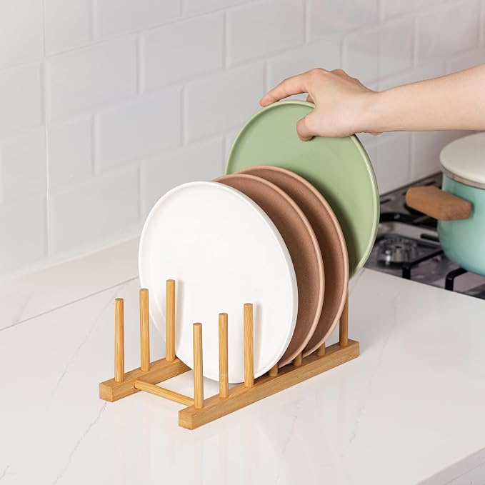 HBlife Bamboo Dish Plate Bowl Cup Book Pot Lid Cutting Board Drying Rack Stand Drainer Storage Holder Organizer Kitchen Cabinet（Keep Dry）