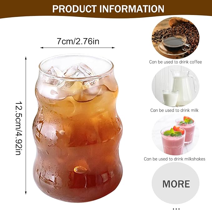 2 Pcs Ribbed Glass Cups 18 Oz Vintage Drinking Glassware Ripple Cocktail Glasses for Iced Coffee Juice Beverage Milk