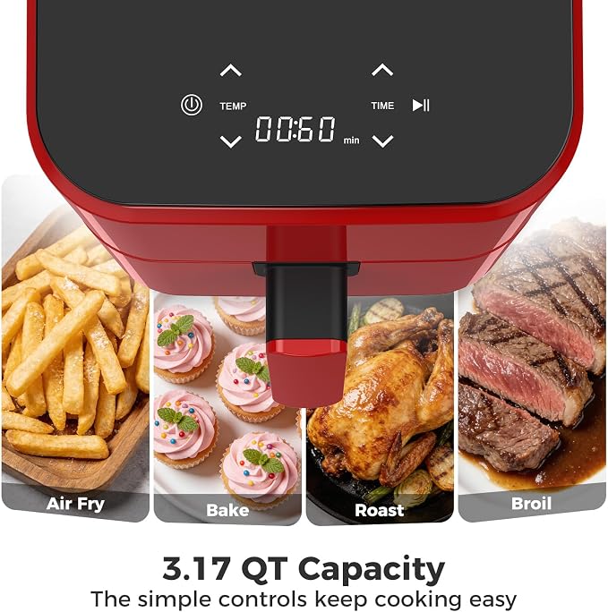 Compact Digital Air Fryer 3 Qt, Small Airfryer with Nonstick Plate, Dishwasher Safe Basket, Auto Shutoff, Simple Touchscreen, Quick Meals for Small Spaces