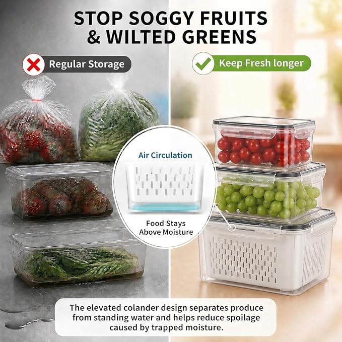 Fruit Storage Containers for Fridge with Lids, Fridge Organizers and Storage Produce Saver Box with Removable Drain Basket for Fruit Berry Salad Vegetable Meat, 380ml to 3150ml (4 Pack)