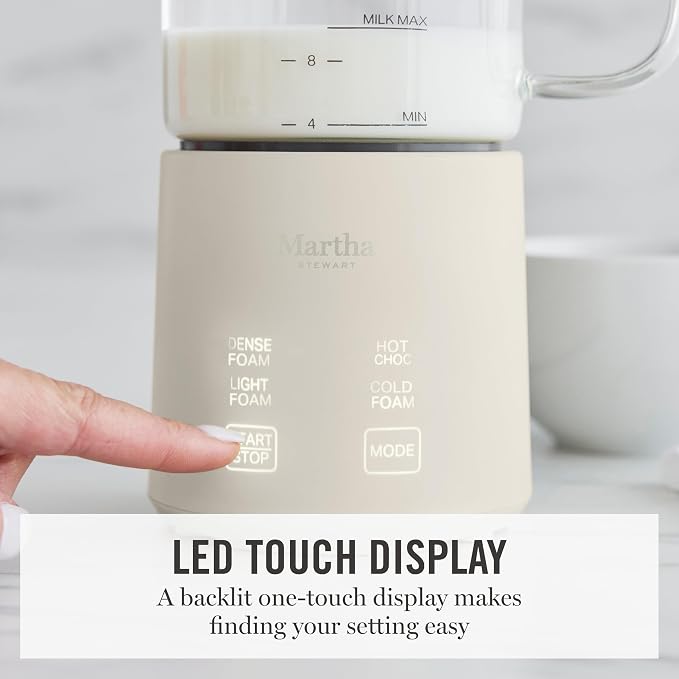 Martha Stewart 10oz Milk Frother & Steamer, 4 Presets, 300ml Glass Pitcher | Light, Dense, Cold Foam & Hot Chocolate, Ready in 90 Seconds, Cordless Pouring, Runs Quiet, Almond, Soy & Oat Milk, Linen