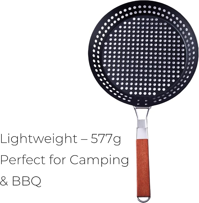 12 in Kozmatik Turkish Grill Pan, Nonstick Carbon Steel Basket | Handled Vegetable Charring Pan, For Stovetop And Grill Cooking, Black Round Basket Design