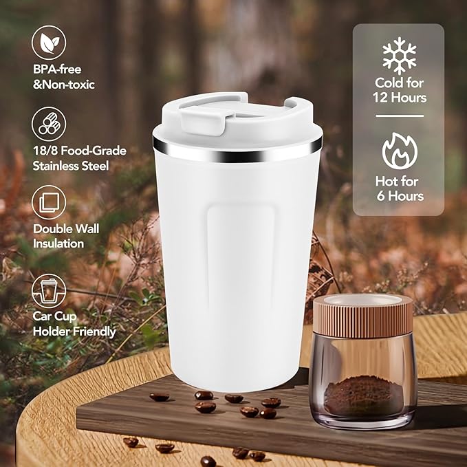Volhoply 12 oz Double Wall Insulated Vacuum Travel Coffee Mugs with Flip Lid Bulk 2 Pack,Reusable Stainless Steel Leak Proof Coffee Cup,Portable Cafe Thermal Tumbler for Hot & Cold Drinks(White,2 Set)