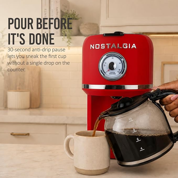 Nostalgia Classic Retro 10 Cup Coffee Maker - One-Touch Drip Brew, Reusable Filter - Anti-Drip, Auto Shutoff, & Time Display - Dishwasher Safe 50 oz Carafe - Red