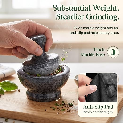 Flexzion Small Marble Mortar and Pestle Set, 4-Inch 1/2-Cup Bowl, Black | Stone Spice Grinder and Pill Crusher with Mushroom Pestle and Non-Slip Pad for Herbs, Spices, Garlic, Seeds and Dry Pills