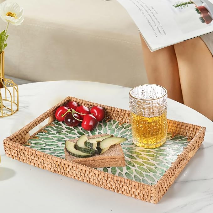 Rectangle Rattan Tray with Mother of Pearl Inlay, Rattan Serving Tray with Handle for Coffee, Bread, Fruits, Snacks, Decorative Wicker Tray for Table Decor (Rectangle Green Leaf, 13"×9")