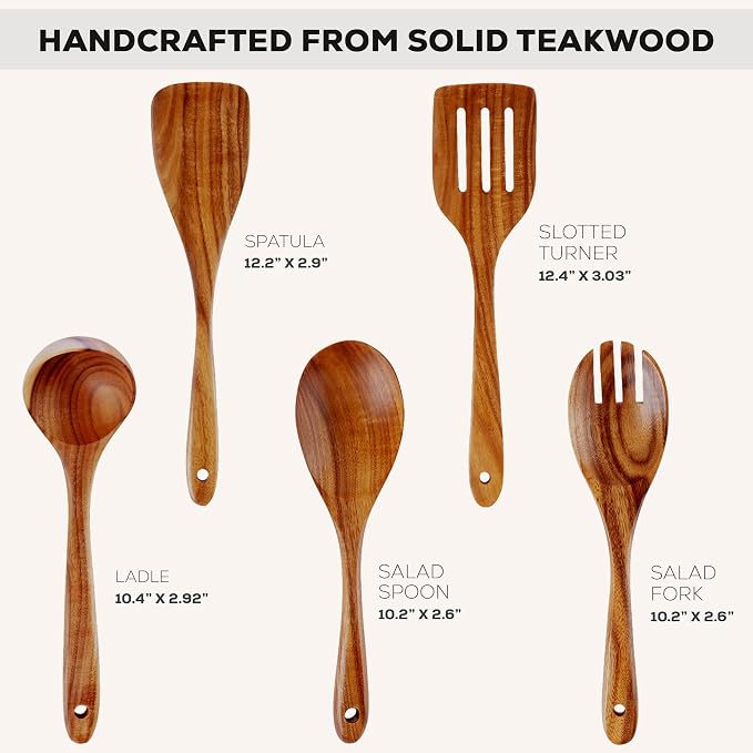 Zulay Kitchen Extra-Large 5-Piece Wooden Spoon Set - Smooth Teak Cooking Utensils - Comfort-Grip Non-Stick Turner, Spatula, Skimmer, Fork, Serving Spoon