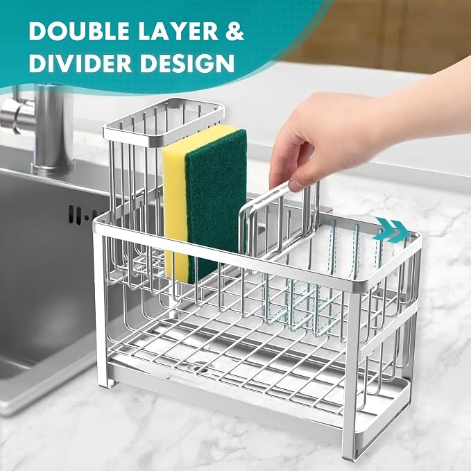 Sinnsally Kitchen Sponge Holder,Sink Caddy Organizer with High Brush Holder,Stainless Steel Sink Box Dish Scrubber Holder,Soap Tray for Kitchen Counter Accessories & Storage Rack (2 Tier - Silver)