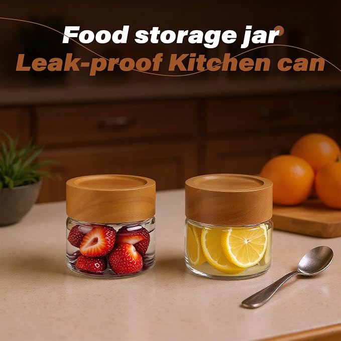 2-Pack 4 fl oz Leakproof Mason Jars with Acacia Wood Lids | Small Glass Food Storage Containers / Overnight Oats / Spices / Snacks / Kitchen Pantry Organization
