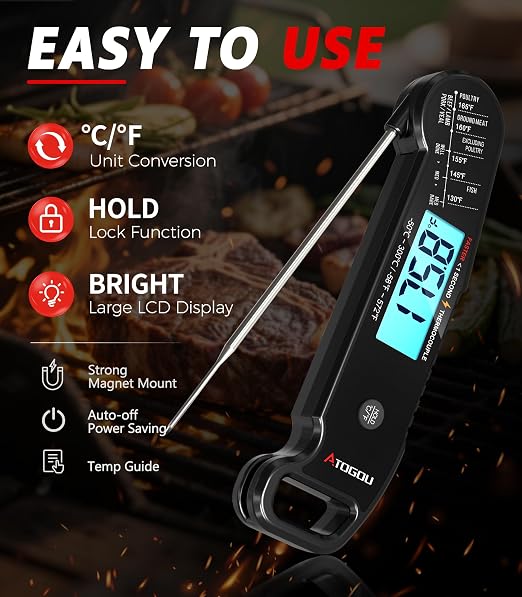 Atogou Professional Meat Thermometer Digital, <1 Sec Instant Read, Black | ±0.5℉Accuracy, IP67 Waterproof, Thermocouple Sensor Probe, with Hold, Magnetic Back, for Kithchen, BBQ, Grill for Men Him Dad
