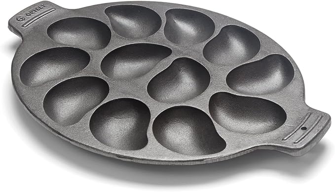 Outset Cast Iron Oyster Grill Pan, 12 Cavities, Black Oyster BBQ and Serving Pan | Grill & Serve Oysters In One Pan | 12 Capacity Oyster Tray & Plate | Oven, Grill & Stovetop Safe | Durable Cast Iron Platter