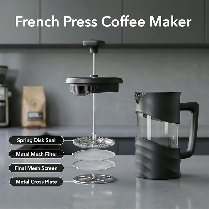 OVENTE 20oz French Press Coffee Maker with 4-Level Filtration, Black FPW20B | Heat-Resistant Borosilicate Glass Cafetiere, Dishwasher Safe Stainless Steel Filter, Compact Cold Brew for Travel and Camping