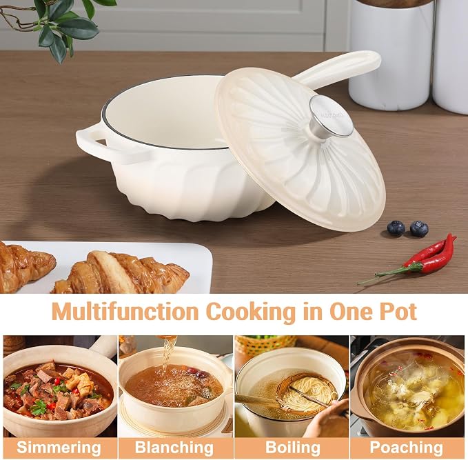 Enameled Cast Iron Sauce Pan with Lid, 2 Quart Saucepan with Lid | Dutch Oven with Lid, Small Cast Iron Pot for Cooking Pasta, Soup, Milk, Induction & Oven Safe Up to 500°F, Caramel White