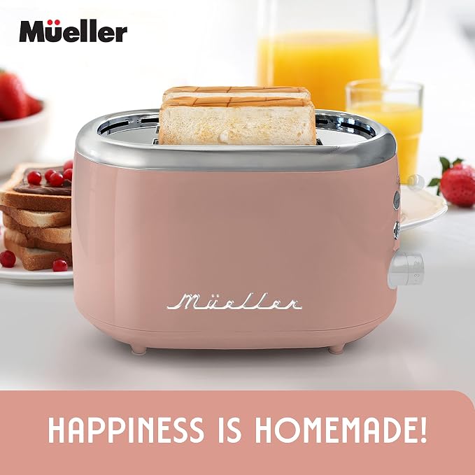 MUELLER HOME Retro Toaster 2 Slice, 7 Browning Levels | 3 Functions (Reheat, Defrost, Cancel), Stainless Steel Features, Removable Crumb Tray, Under Base Cord Storage, Pink