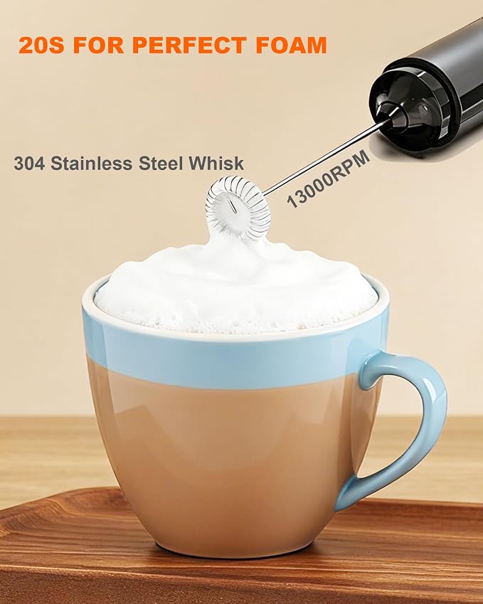 Electric Milk Frother Handheld Foam Maker, Black | TYP-C Rechargeable, with Cover - Portable Hand Frother for Coffee, Latte, Matcha, Cappuccino & Hot Chocolate