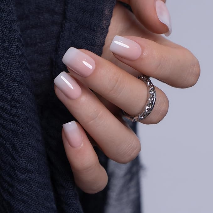 CurvLife Short Square Press On Nails, Nude Ombre Gradient Pink, Soft Gel | 32PCS, 16 Sizes, Salon-Quality Natural Fake Nails, Curved Fit, 7-14 Day Glue-On Wear, Reusable Stick-On Nails, Press-On Kit