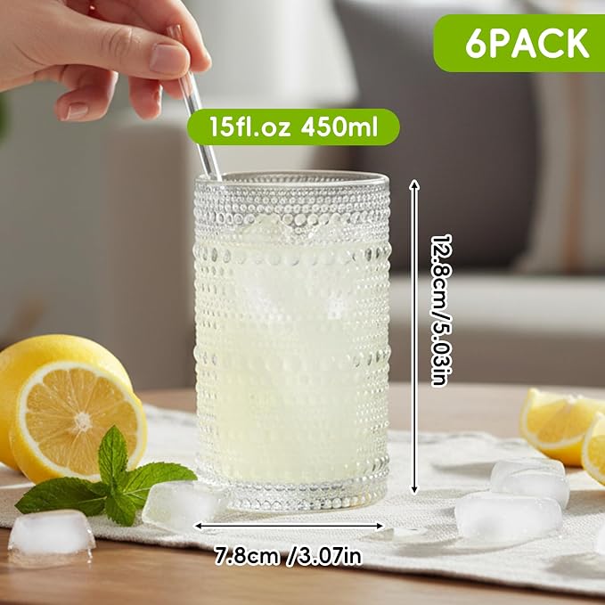 Moretoes Large 15oz Hobnail Drinking Glasses Set of 6 | Glass Cups, Kitchen Drinkware Glassware,Embossed Water Tumbler for Beer,Cocktail,Whiskey,Juice and Various Mixed Drinks