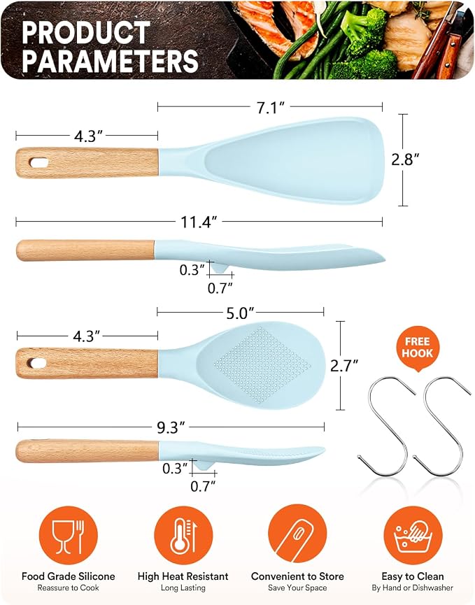 Cooking Spoon and Rice Scooper for Nonstick Cookware,Multi-function | Great for Cooking and Serving, Sturdy BPA-Free Matte Silicone, Wood Handle Spoon for Mixing, Scoop, and Scrape,9.3"+14.3"