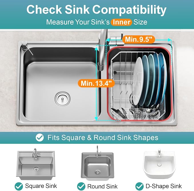 Mini in Sink Dish Drying Rack - Stainless Steel for RV Kitchen | Small Design for Apartments, Angled Corners Fit Square & Round Sinks, Utensil Holder, Cup Hooks, 9.5" W x 13.4" L
