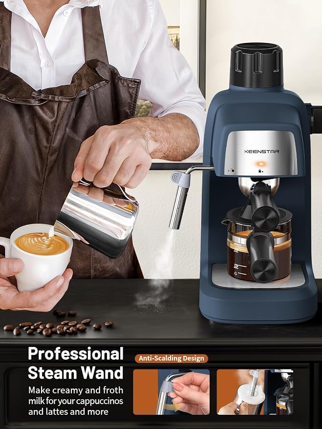 KEENSTAR Espresso Machine 3.5Bar, Compact Expresso Coffee Machines 4-Cup | Milk Frother, 800W Fast Heating, Brew Latte & Cappuccino, Espresso Maker for home, for Coffee Lover, Sapphire