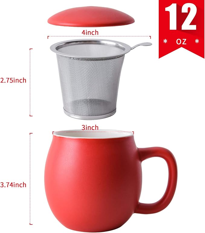 Yundu 12 OZ Matte Red Ceramics Teacup with Infuser and Lid, Mug with Lid for Steeping - Stainless Steel Infuser for Loose Leaf Tea, Home Office Gift for Tea Lovers