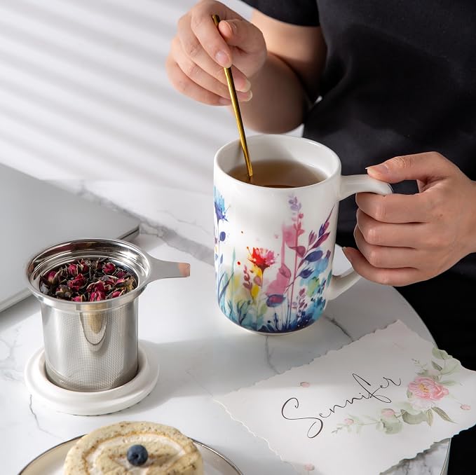 AmorArc Tea Cup With Infuser and Lid, 18oz Loose Leaf Tea Mug With Steeper | Porcelain Tea Mug With Infuser and Lid, Large Strainer Tea Cup with Lid for Tea, Coffee Mug for House-warming Birthday Gift