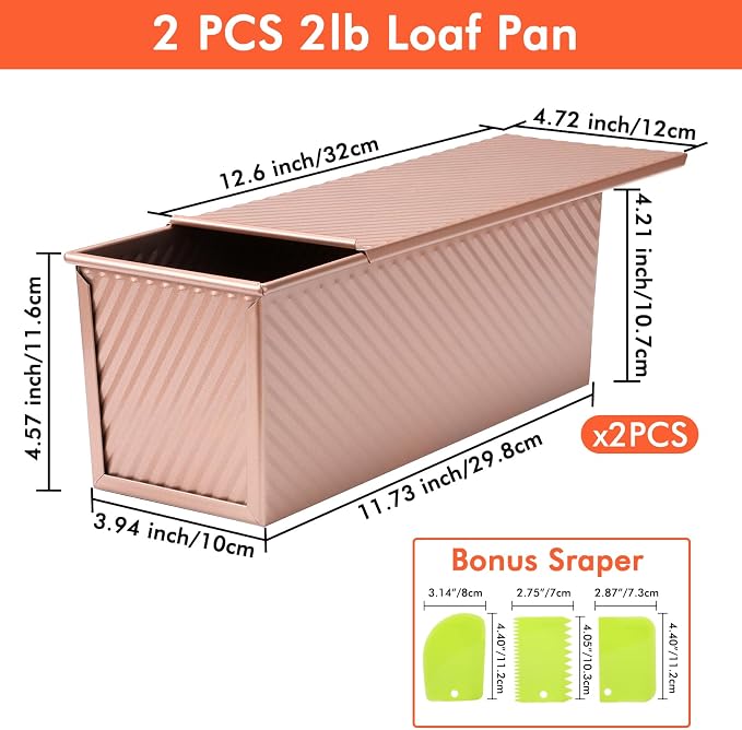 Beasea Pullman Loaf Pan with Lid, 2 Pack 2 lb Large Bread Loaf Pans 12x4inch Nonstick Carbon Steel Toast Box with Dough Scraper Set for Homemade Bread Sandwich Oven Baking - Rose Gold