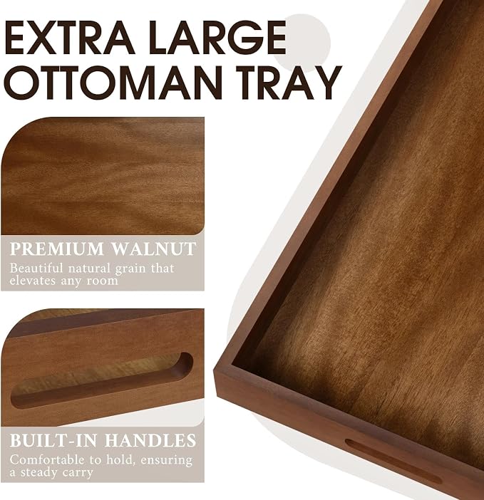 Extra Large Ottoman Tray, 32 x 18 inches Black Walnut Wooden Tray | Rectangle Decorative Tray with Handles, Wood Coffee Table Tray, Serving Platter Tray for Living Room, Countertop, Breakfast