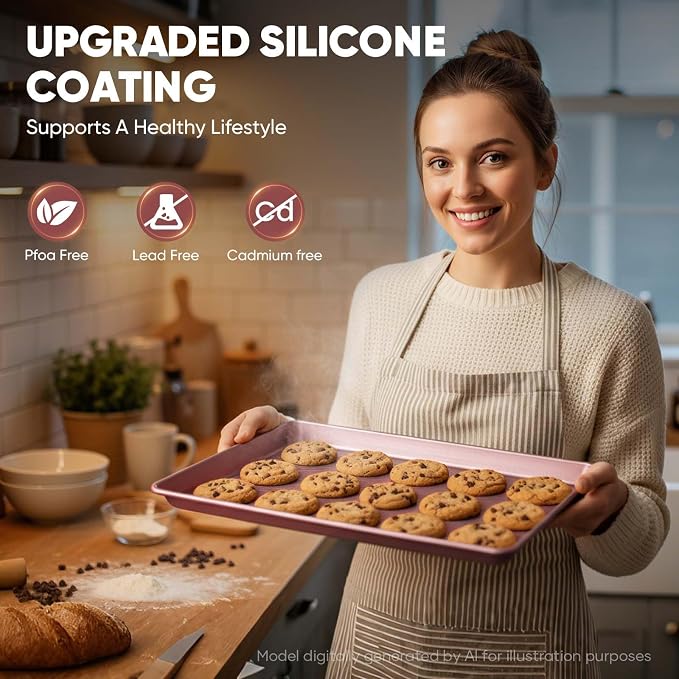 Sakerplus Nonstick Baking Sheet Set of 3, Heavy Duty Cookie Sheets for Oven | Quarter, Half & Jelly Roll Pans, 0.6mm Thick with Stripe Texture Pattern, Rust-Resistant and Easy to Clean, Pink