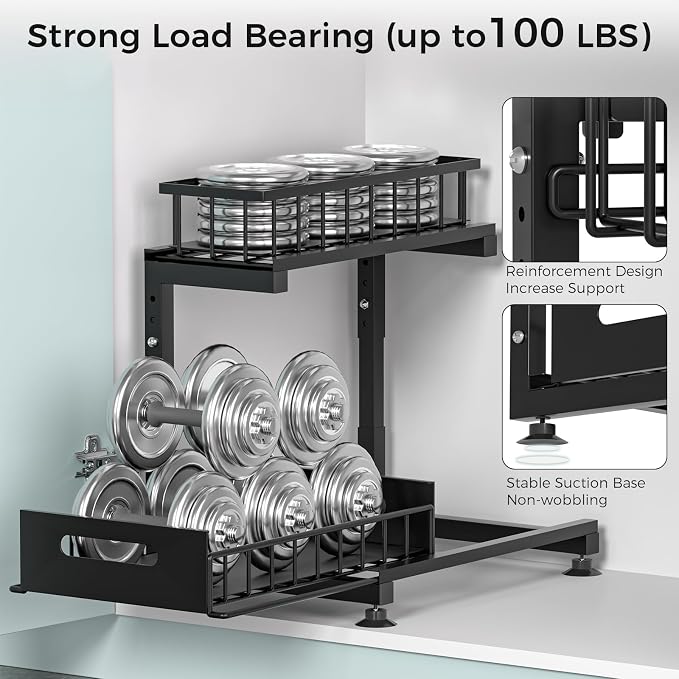 2-Pack L-Shaped Under Sink Organizer, 2-Tier Pull-out Cabinet Rack | Black Height-Adjustable Metal Rack, Sliding Grid Drawers with Safety Stopper, Holds 100 Lbs, Ideal Kitchen Cabinet Storage