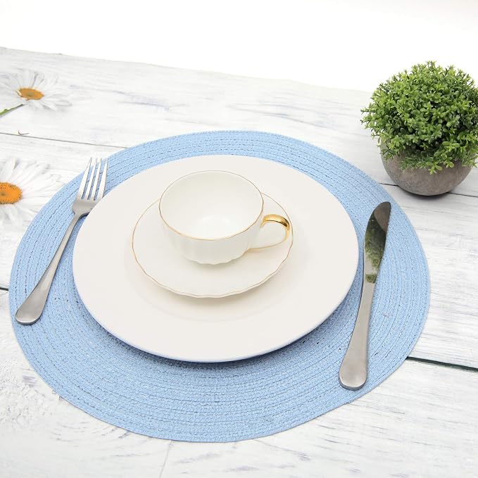 SHACOS Round Braided Placemats Set of 6 Round Table Mats for Dining Tables 15 inch (Light Blue, 6)
