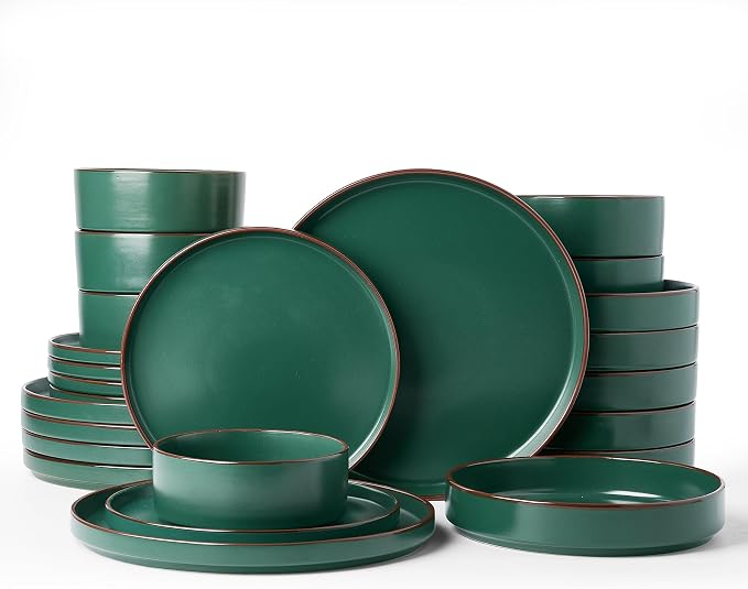 Famiware Nebula Ridge 24-Piece Dinnerware Set with Pasta Bowls, Dark Green | Stoneware Plates and Bowls for 6, Warm Hand-Painted Rims, Microwave and Dishwasher Safe