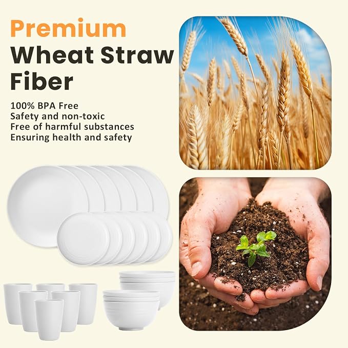 Premium Wheat Straw Dinnerware Sets - 24 PCS Dinner Plates,Plates,Cereal Bowls,Drinking Cups,Lightweight & Unbreakable Dishes Sets for 6,Dishwasher & Microwave Safe for Home - White