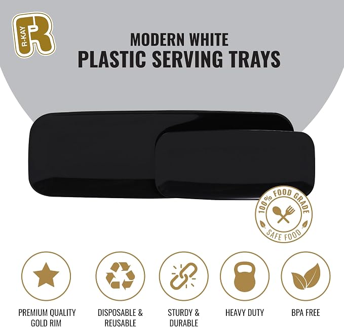 R-kay 4 Pack Plastic Serving Trays for Party - Black Serving Tray 17 by 6.5 in - Heavy Duty Dessert Trays for Food - Rectangular Party Serving Trays - Premium Party Trays - Black Platters