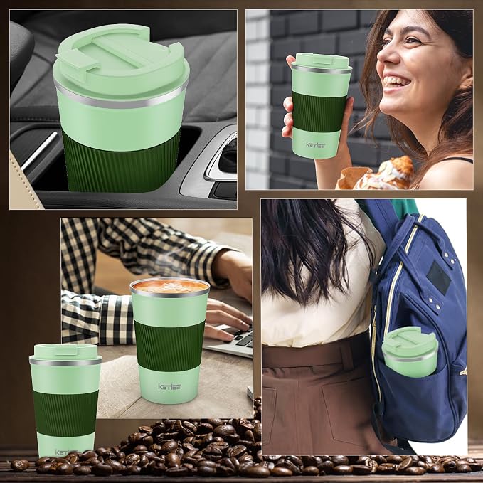 KETIEE 12oz Travel Mug, Insulated Coffee Cup with Leakproof Lid, Travel Coffee Mug Vacuum Stainless Steel Double Walled Reusable Tumbler for Hot and Cold Drinks (Green) | Travel Coffee Mug Vacuum Stainless Steel Double Walled Reusable Tumbler for Hot a...