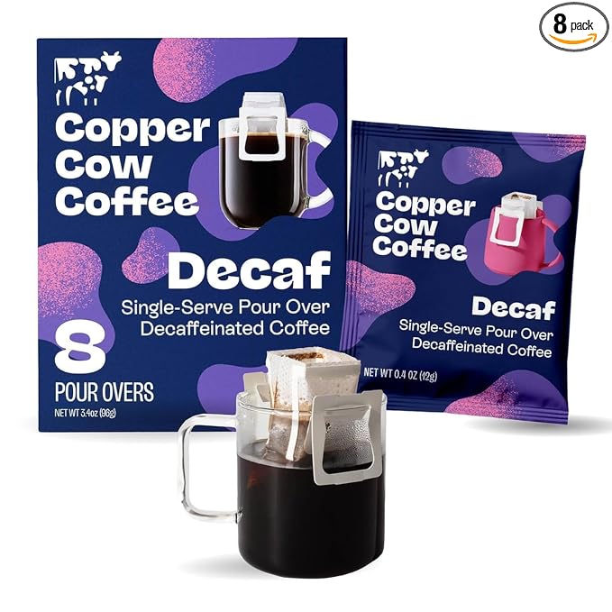 Copper Cow Coffee Premium Pour Over Coffee Decaf Single Serve Dark Roast | 8ct Decaf pour over pouches with rich, bold, low acid coffee. Travel friendly—tear, hang, pour hot water, enjoy anywhere