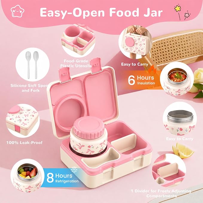 Kids Insulated Lunch Box with 8OZ Thermo Food Jar | Leakproof Bento Box with Ice Pack Sauce Cup Utensils Removable Tray & Dividers for School Daycare Travel, Floral Bows