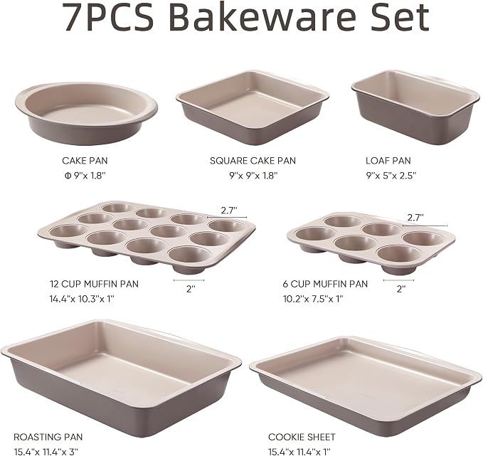 CAROTE 7-Piece Baking Pans Set, Nonstick Bakeware Sets, Gray & Khaki | Cookie Sheets, Muffin, Bread, Cake, Loaf, Roasting Pan, Easy-Release, Oven Safe Up to 446°F, PFAS-Free, Stackable, Home, Gift