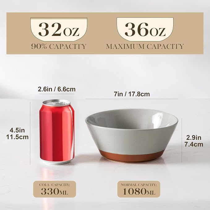 MALACASA Soup Bowls, Ceramic Salad Bowls Set of 4, 36oz Ceramic Bowls | Speckled Deep Bowls for Ramen, Cereal, Fruit and Pho, Microwave & Dishwasher Safe, Stackable, Grey & Brown, Series TARA