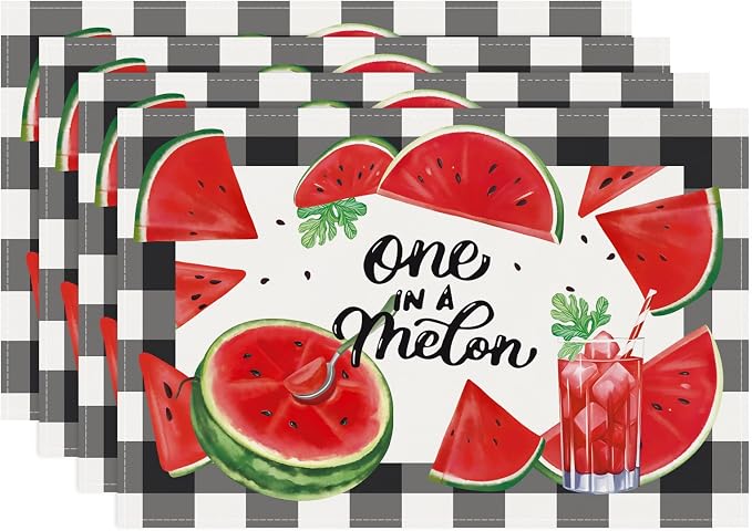Bonhause Summer Watermelon Placemats Set of 4, 12x18 Inch Black White Buffalo Plaid Fruit Juice Kitchen Dining Table Mats Washable Place Mats for Indoor Outdoor Home Party Decor