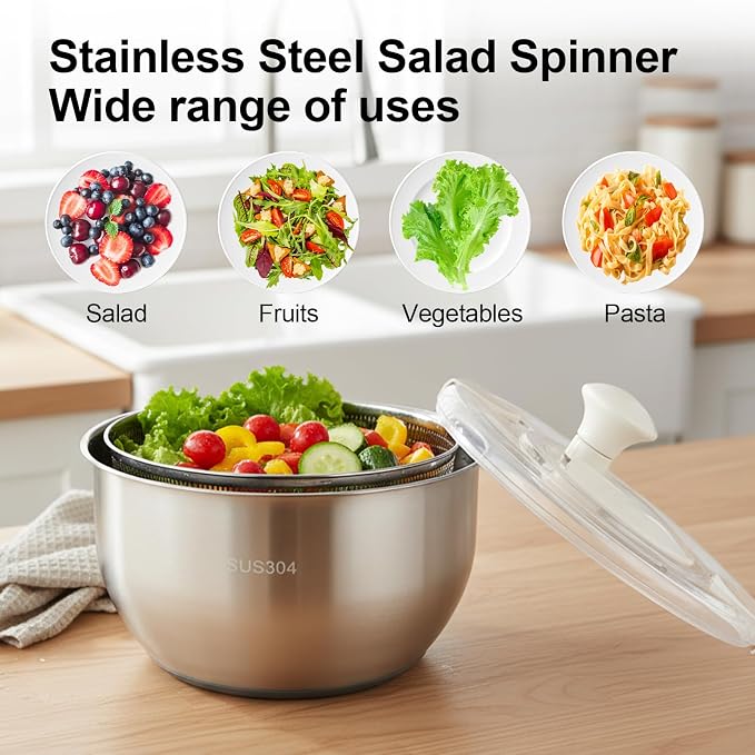 Stainless Steel Salad Spinner, Lettuce Spinner with Drain, fruit washer 6 QT with PP Cover Non-Slip Base, 3-in-1 Vegetable Wash Bowl for Dehydrating Lettuce, Fruits and Vegetables, Pasta