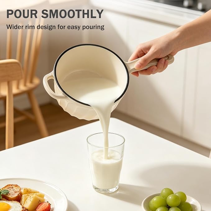 Enameled Cast Iron Sauce Pan with Lid, 1 Quart Saucepan with Lid | Dutch Oven with Lid, Small Cast Iron Pot for Cooking Pasta, Soup, Milk, Induction & Oven Safe Up to 500°F, Caramel White