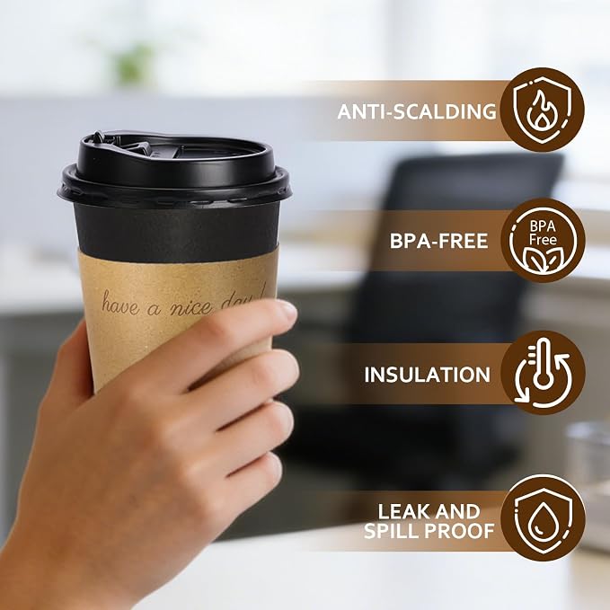 BYSNOW 16 oz 50 pack Disposable Coffee Cups with Lids, Sleeves & Stirrers | Paper Hot Coffee Cups with Lids, Sleeves and Stirring Sticks, To Go Cups for Home, Office, and Cafe (Black 16oz)