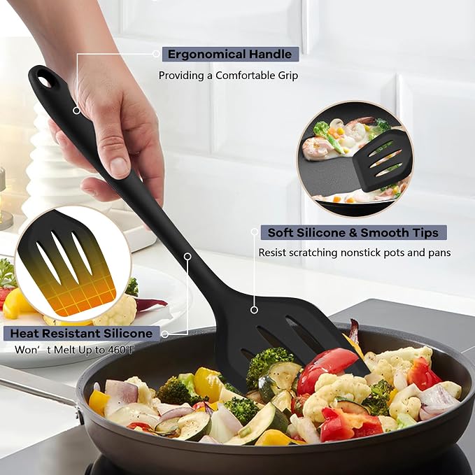 TeamFar Silicone Cooking Utensils, 10 pcs Kitchen Cooking Utensils Set | Heat Resistant Kitchen Gadgets Tools Set w/Spatula, Turners, Spoons, Soup Ladle, Pasta Server for Nonstick Cookware, Black