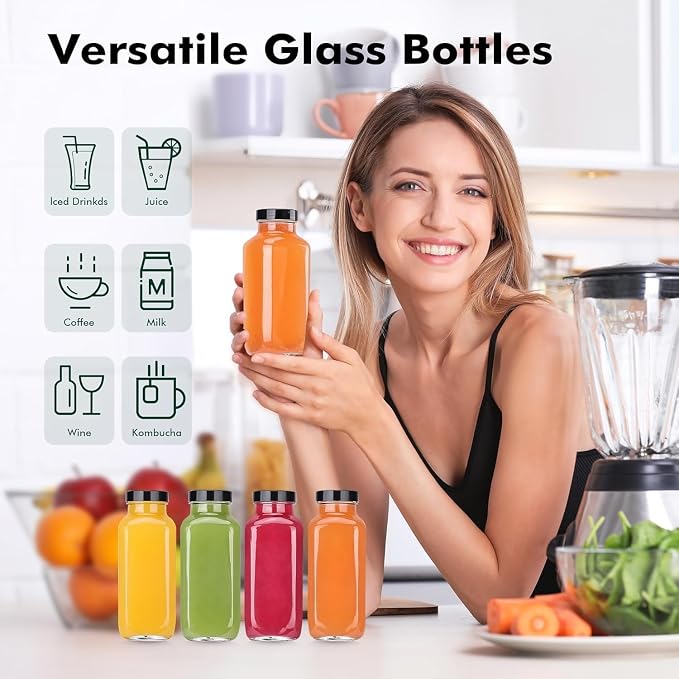12 Pack 8 oz Glass Juice Bottles with Black Lids & Labels, Reusable Travel Juice Storage Containers, Clear Glass Drink Jars for Juicing, Water, Ginger, Wellness Shots - Leakproof, Dishwasher Safe