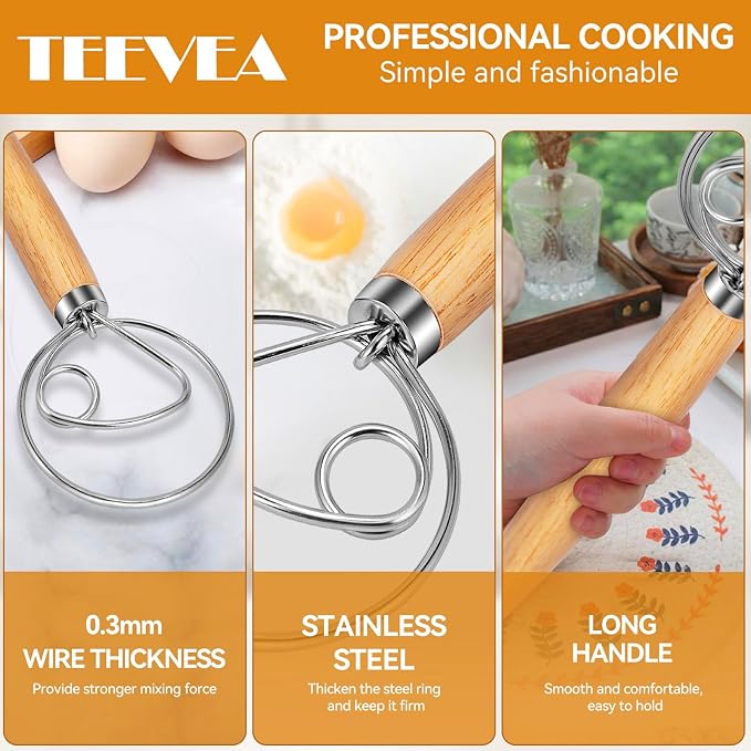 TEEVEA Danish Dough Whisk Wooden Handle Stainless Steel for Sourdough Bread | Dutch Dough Hook, Replaces Hand Mixer and Spoon, Bread Baking Tool, Food Grade Rust Resistant Steel, Non-Stick, Easy to Clean