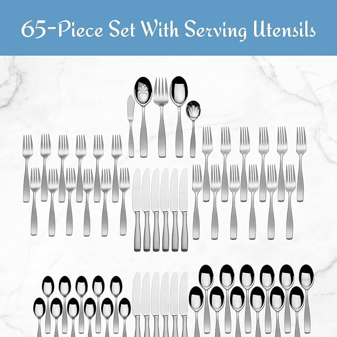 Mikasa Satin Loft 65-Piece Flatware Set for 12,18/10 Stainless Steel Silverware with Forks,Knives,Spoons,and Serving Utensils,Durable and Elegant Design,(Pack of 2)
