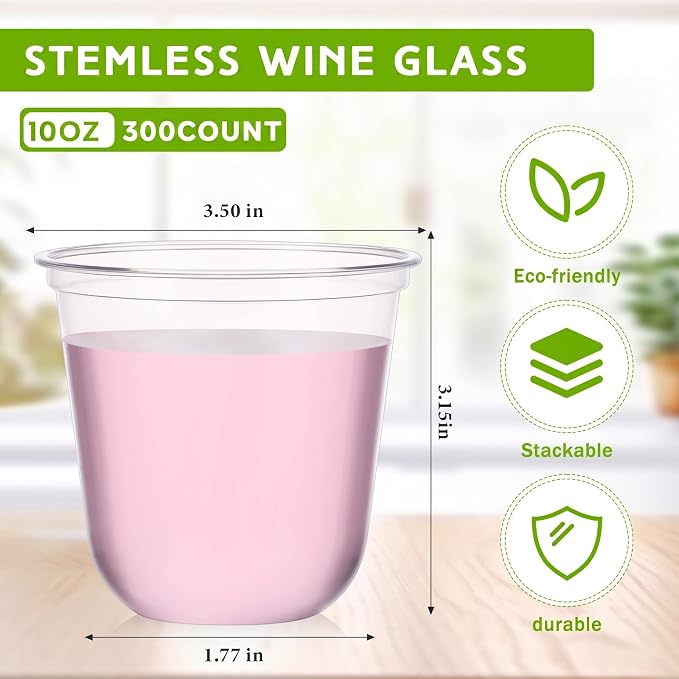 Ziliny 100 Pcs 10oz Plastic Stemless Wine Glasses Disposable, Clear | Plastic Wine Glasses for Parties Weddings Birthdays, Cocktail Drinking Cups, Round Bowl, Bulk Event Supplies