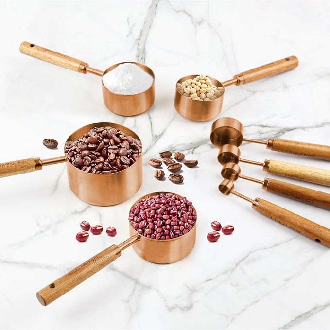 Copper Stainless Steel Measuring Cups and Spoons Set,8 Piece Measuring Cup Set with Wooden Handle and Metric and US Measurements，Copper Polished Finish，for Cooking and Baking in The Kitchen